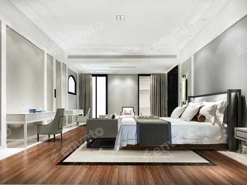 Preview: 3d rendering beautiful comtemporary luxury bedroom suite in hotel with tv and sofa