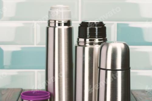 Preview: Aluminum metal thermos container bottle close up