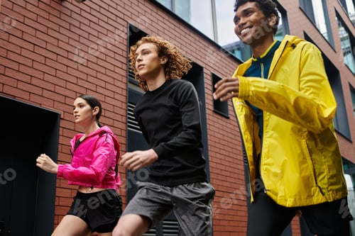 Preview: Dynamic trio enjoying a lively run in a modern urban setting during a sunny afternoon
