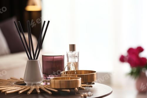 Preview: Composition with stylish accessories and interior elements on table indoors
