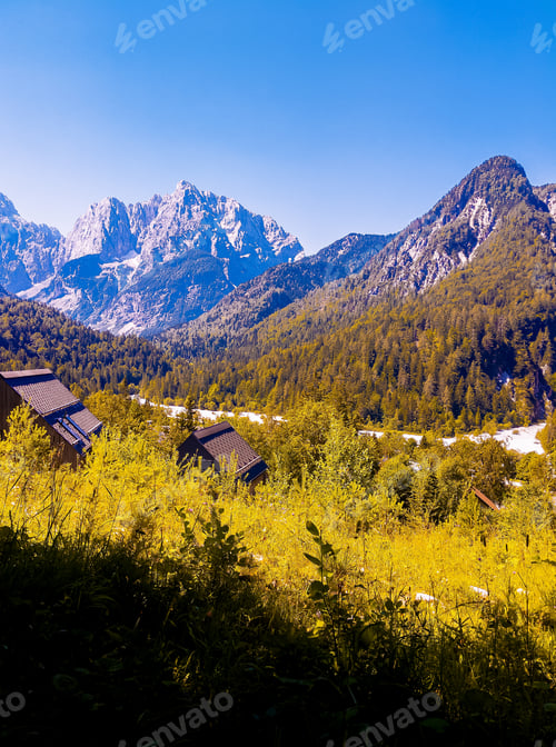 Preview: Stylish travel wallpaper. Slovenia. Mountains and lake. Narure lover hiking concept