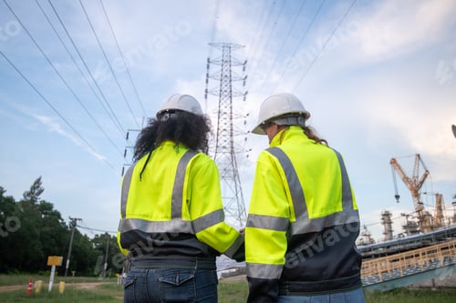 Preview: Engineers wearing safety gear, including hard hats examining survey