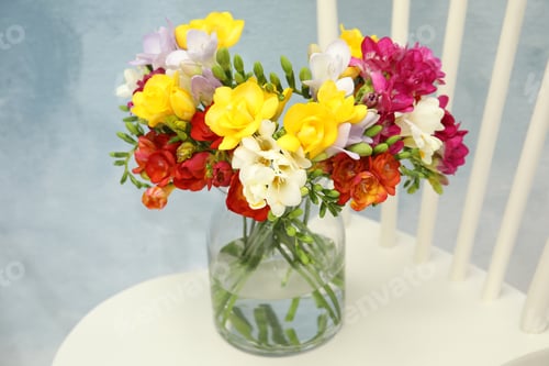 Preview: Beautiful bright freesia flowers in vase on chair