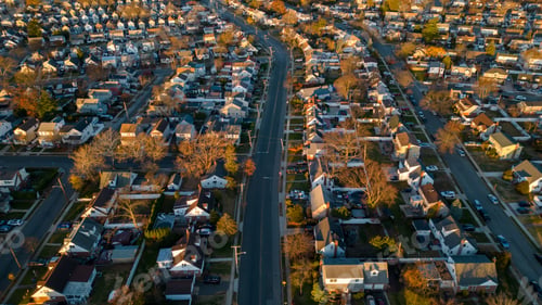 Preview: Aerial view of Long Island - a suburban neighborhood during a beautiful sunrise