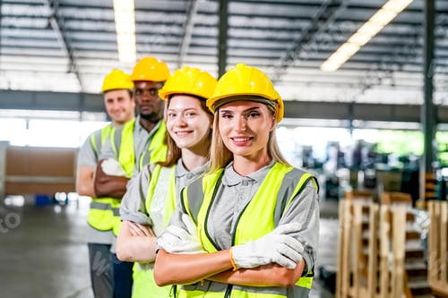 Preview: Hands, teamwork in factory for motivation, inspiration and diversity in at work.