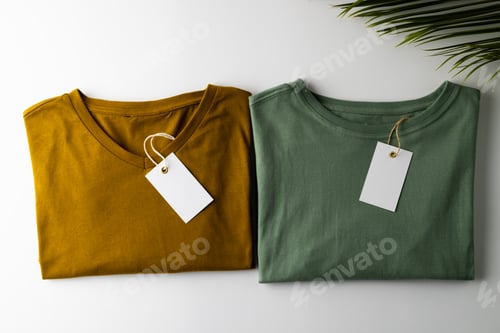 Preview: Close up of tshirts with tags and copy space on white background