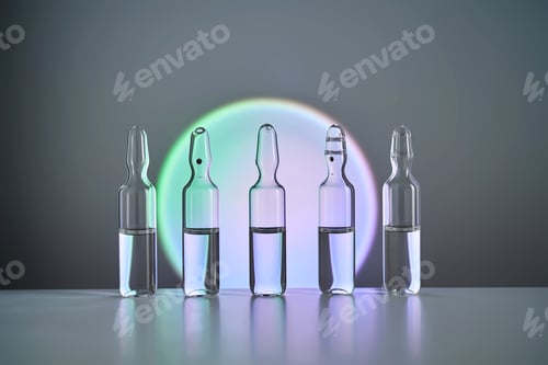 Preview: Several ampoules for injection with medicines on a blue background.