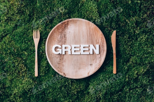 Preview: Wooden disposable tableware from natural materials with word GREEN, wooden spoon, fork on green moss