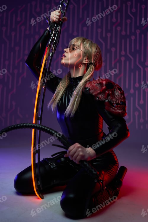 Preview: Cyberpunk woman assassin sitting on floor with sword