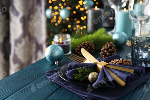 Preview: New Year table setting with bokeh on wooden table