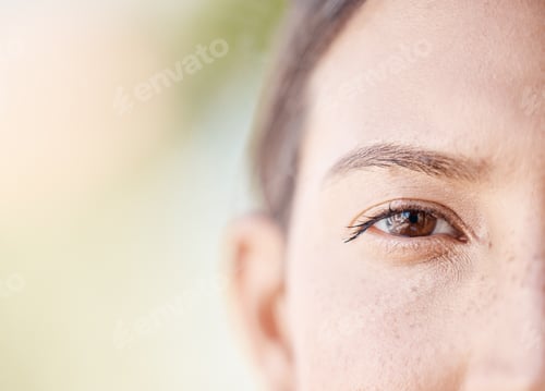 Preview: Face portrait of a woman eye thinking with mockup or blurred background with bokeh. Head of a serio