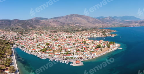 Preview: Galaxidi Greece from above, aerial drone view. Traditional town sunny day.