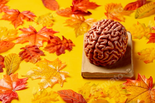 Preview: Romantic book and human brain with autumn leaves on yellow background. Top view