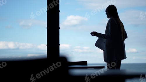 Preview: Happy silhouette dancing office alone. Businesswoman celebrate contract success