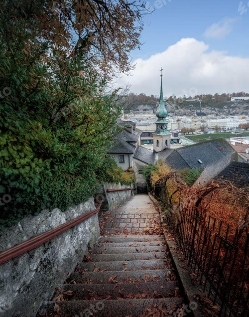 Preview: Imbergstiege Stairs and St Johns on Imberg Church during autumn - Salzburg, Austria