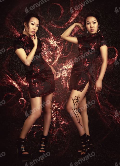 Preview: Asian Woman With Fake Drawing Tattoo On Her Leg In Exotic Dress