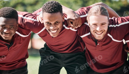 Preview: Happy man, rugby and team in huddle, scrum or playoffs on outdoor field together in nature. Group p