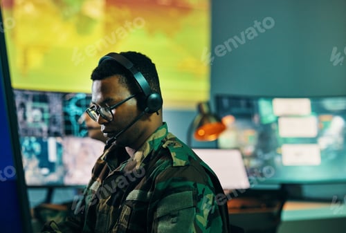 Preview: Military, control room and man on computer in office, data center and monitor for technical support