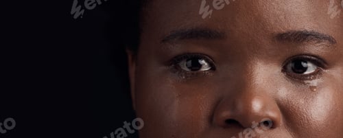 Preview: Black woman, eyes and mental health, crying with depression and crisis with abuse on dark backgroun