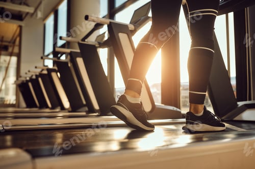 Preview: Close-up of female athlete walking on treadmill while having sports training in a gym.