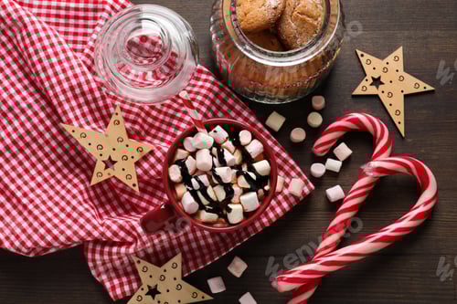 Preview: Concept of sweet drink, tasty cocoa drink with marshmallow, top view