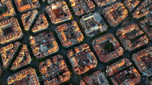 Preview: Aerial view of typical buildings of Barcelona cityscape. Eixample residential famous urban grid