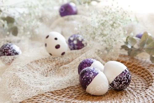 Preview: Festive Easter background with decorative eggs, close up.