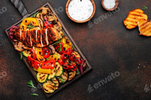 Preview: Grilled chicken and vegetables. Bbq party. Colorful paprika, zucchini, eggplant, mushrooms, tomatoes
