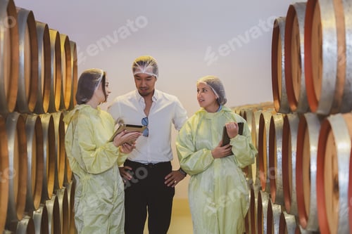 Preview: Winemaker working in modern large winery factory liquor drink industry quality.