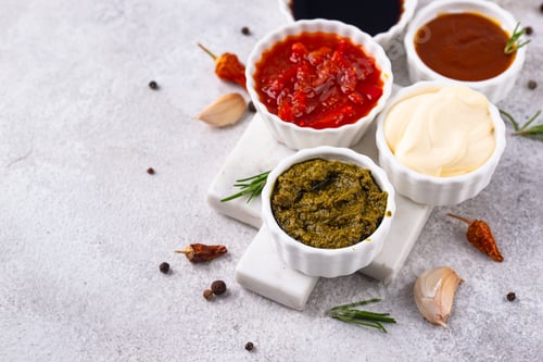 Preview: Set of different sauces. Ketchup, mustard, pesto