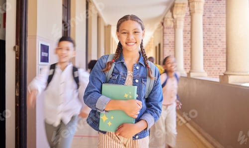 Preview: School, hallway and portrait of girl with smile, books and backpack for future learning. Education,