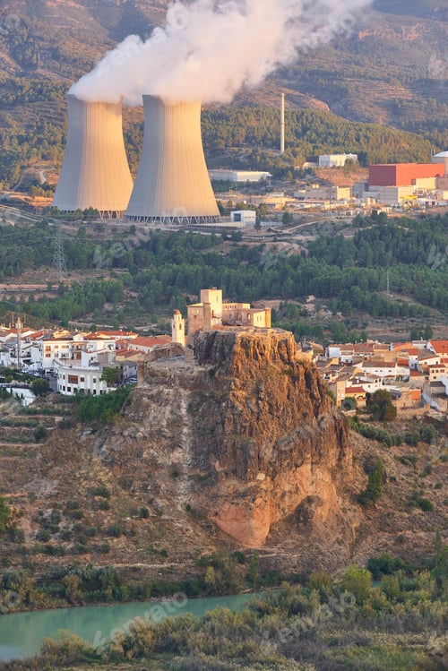 Preview: Nuclear power plant chimney and castle in Cofrentes. Valencia, Spain