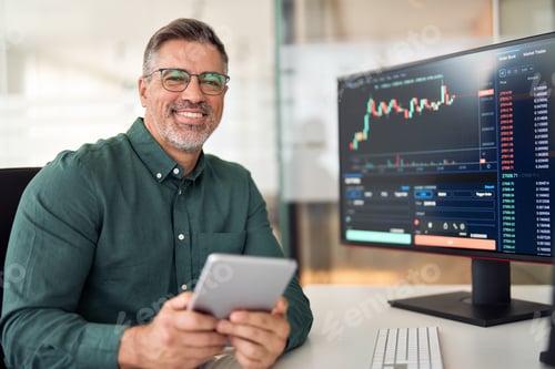 Preview: Happy mid aged crypto broker, financial investor, stock trader expert, portrait.
