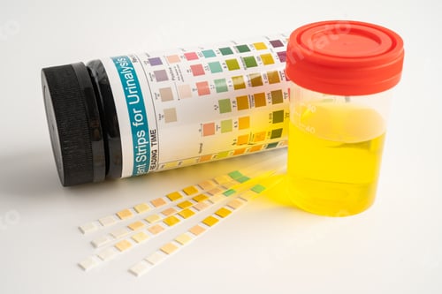 Preview: Urinalysis, urine cup with reagent strip pH paper test and comparison chart in laboratory.