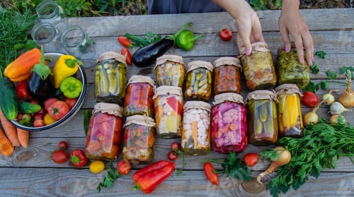 Preview: Woman canning vegetables in jars on the background of nature. preparations for the winter