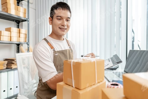 Preview: Startup business in ecommerce sector, with young professional managing online trade