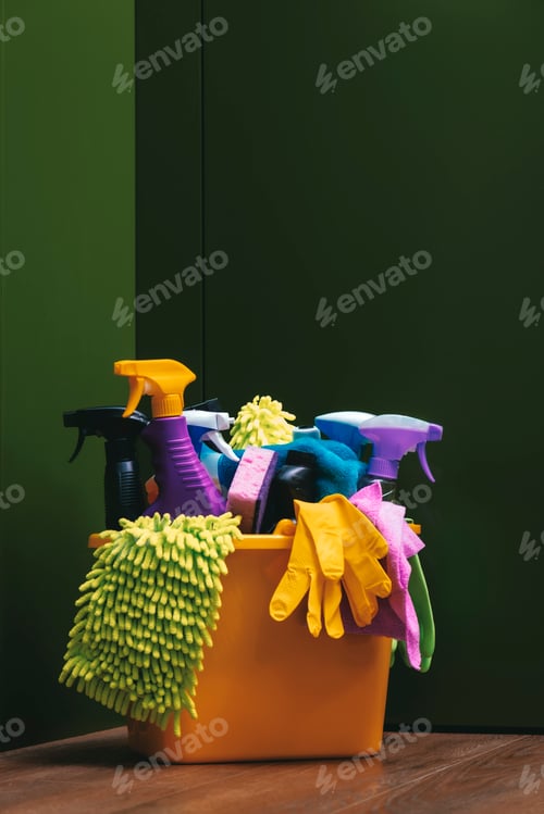Preview: Brightly colored sprays, gloves, and cloths in bucket, ready for cleaning tasks around the house