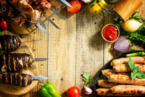 Preview: Grilled meat skewers, grilled sausages and grilled eggplant with bacon