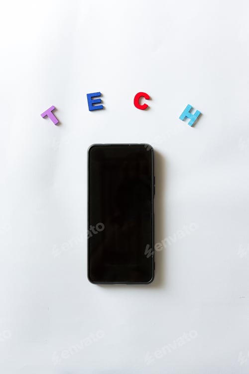 Preview: A mobile phone with the word tech in colored letters on white background