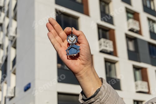 Preview: male hand holding house key,real estate agent.