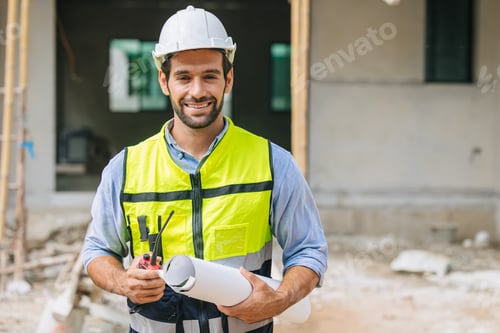 Preview: Engineer builder. Happy Foreman work in construction site. senior worker project designer leader