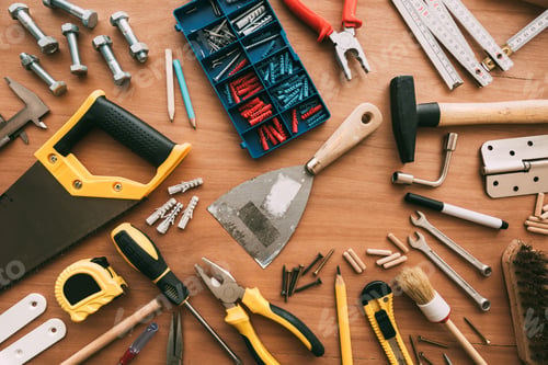 Preview: Repairman tools top view on workshop desk