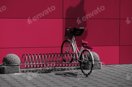 Preview: Various bikes for rent in a row parked. New 2023 trending PANTONE 18-1750 Viva Magenta colour