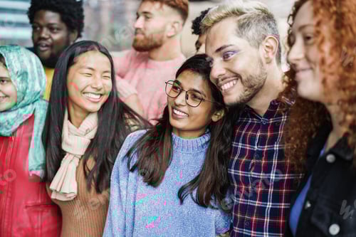 Preview: Young diverse people having fun outdoor laughing together - Diversity concept