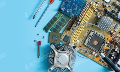 Preview: Computer chip and magnifying glass. Chipset on electronic circuit board of PC motherboard at repair