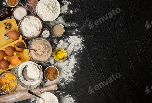 Preview: Baking ingredients for dough on black background