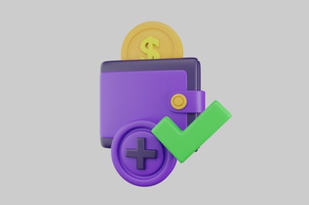Preview: Purple wallet with a dollar coin and a checkmark.