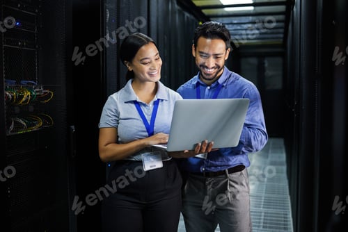 Preview: Server room, laptop and people team for software management, system upgrade and cyber security. Tea