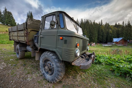 Preview: Old all terrain truck with big protector rubber tires for off road use