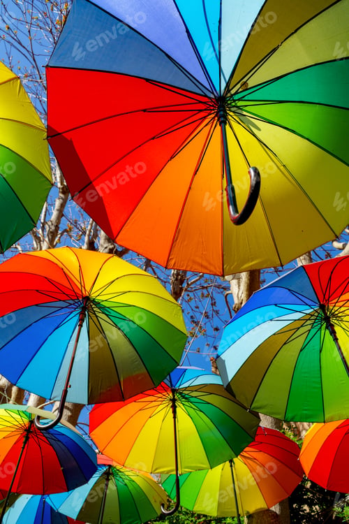 Preview: Colorful rainbow umbrella street decoration for background